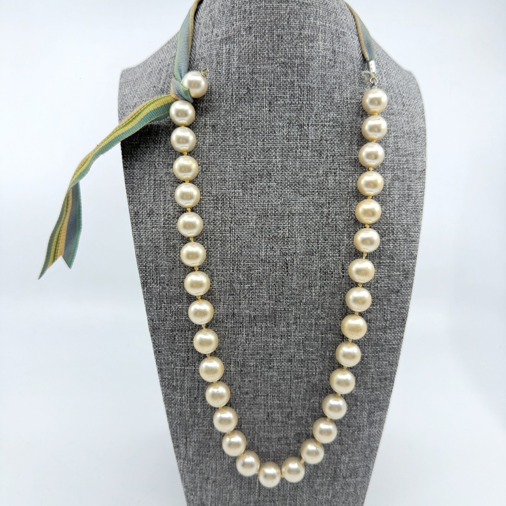 Cream Faux Pearl Ribbon Tie Necklace Green Stripe Bow Coquette Statement Gift